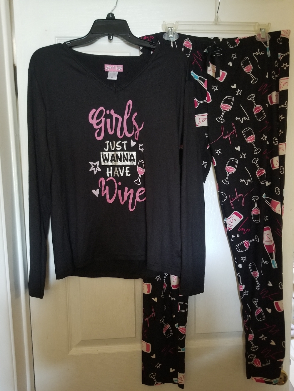 Love To Sleep Women's "Girls Just Wanna Have Wine" Black Pajamas Size 2X - New